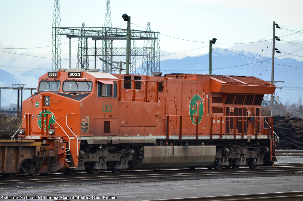 CN 3023, The "J", in the north end of the Roberts' Bank Yard at rest, in between stack car switching duties.